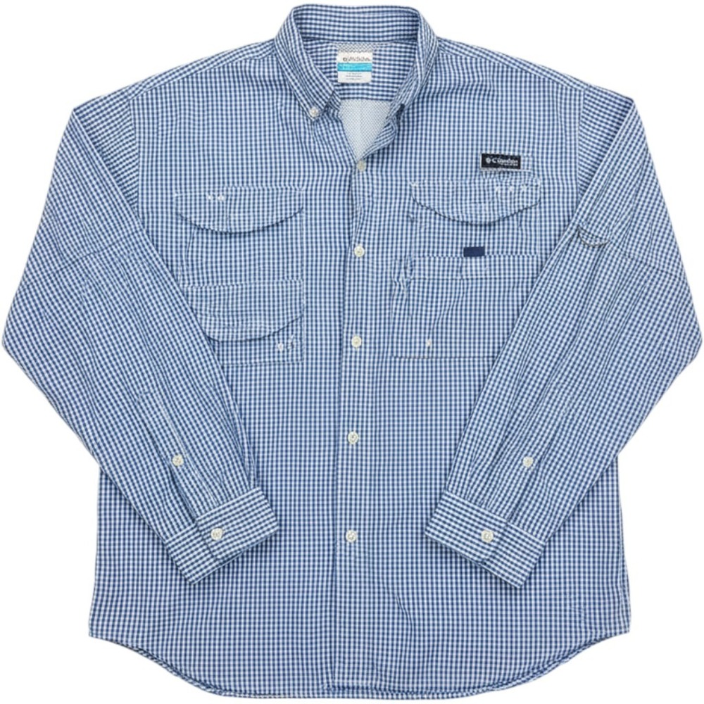 Columbia PFG Super Bonehead Mens Large Blue Gingham Check Fishing Shirt L